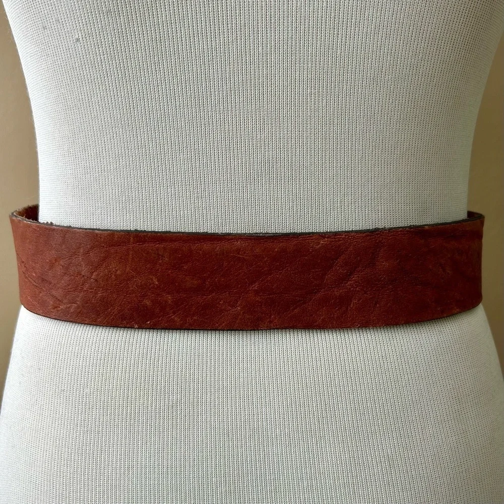 Vintage Shad Leather Wide Brown Belt Square Rectangle Metal Buckle Size 30 S XS
